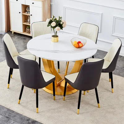 Streamdale Furniture Streamdale Snow Mountain 47" Round Dining Set With 6 Pu Chairs In Black
