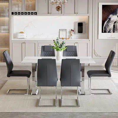 Streamdale Furniture Streamdale Snow Mountain Dining Set 63" Sintered Stone Table And 6 Pu Chairs