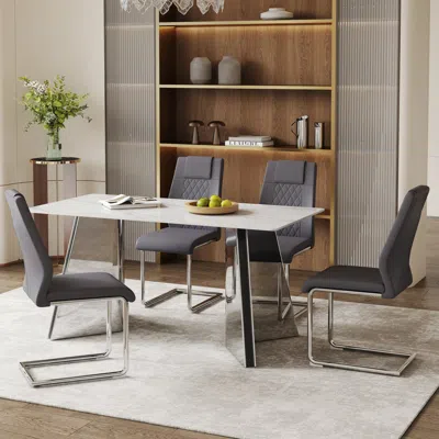 Streamdale Furniture Streamdale Snow Mountain Stone Table & 4 Gray Pu Chairs