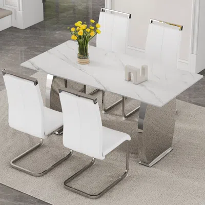 Streamdale Furniture Streamdale Snow Mountain White Sintered Stone Dining Set - 4 Pu Chairs