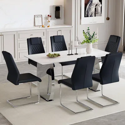 Streamdale Furniture Streamdale Snow Mountain White Sintered Stone Dining Set - 6 Black Pu Chairs