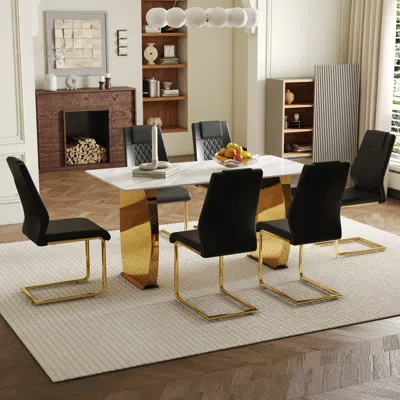 Streamdale Furniture Streamdale Snow Mountain White Sintered Stone Table & 6 Black Pu Chairs