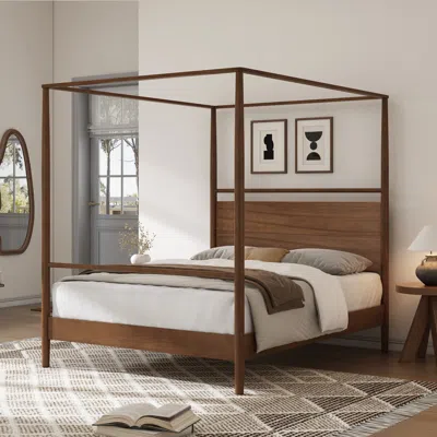 Streamdale Furniture Streamdale Solid Wood Canopy Bed Frame, Queen, Walnut In Brown