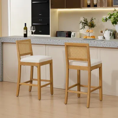 Streamdale Furniture Streamdale Solid Wood Rattan-inspired Bar Stool With Linen Cushion