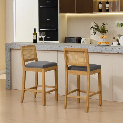 Streamdale Furniture Streamdale Solid Wood Rattan-inspired Bar Stool With Linen Cushion