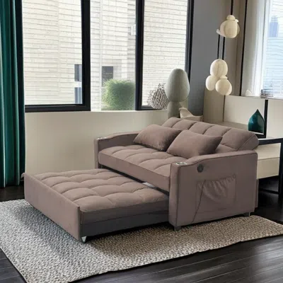 Streamdale Furniture Streamdale Space-saving Velvet Upholstered Sofa Bed With Built-in Device Convenience In Brown