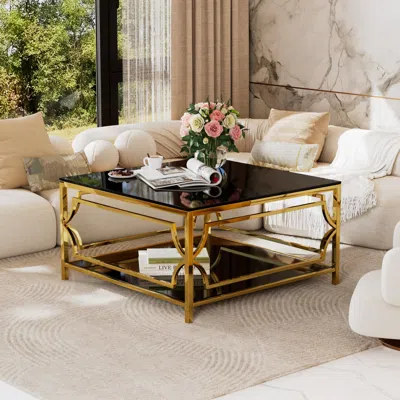 Streamdale Furniture Streamdale Square Glass Coffee Table, Gold Geometric Frame, Lower Shelf