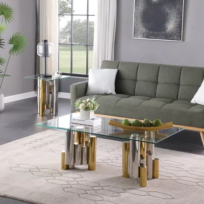 Streamdale Furniture Streamdale Stainless Steel Rectangular Accent Glass Coffee Table For Living In Gold