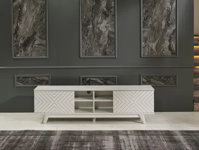 Streamdale Furniture Streamdale Store Lina Mid Century Modern Tv Stand 2 Door Cabinet 4 Cubby Hole In White