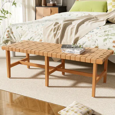 Streamdale Furniture Streamdale Stylish Acacia Wood Bedroom Bench With Woven Pu Leather Seat