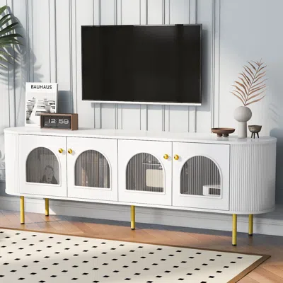 Streamdale Furniture Streamdale Stylish Curved Tv Stand With Vertical Grooves And Glass Doors In White