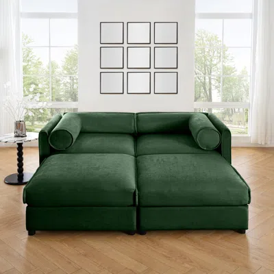 Streamdale Furniture Streamdale Stylish Green Chenille 2-seater Sofa With 2 Ottoman Storage Seats
