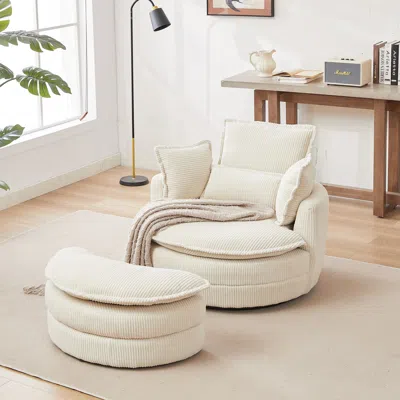 Streamdale Furniture Streamdale Stylish Swivel Chair And Storage Ottoman Set In Cozy Corduroy In Neutral