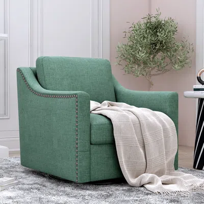 Streamdale Furniture Streamdale Swivel Armchair In Cotton Linen With Brass Accents In Green