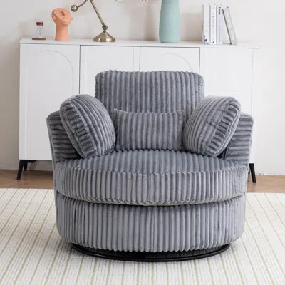 Streamdale Furniture Streamdale Swivel Corduroy Barrel Chair With Pillows, Gray