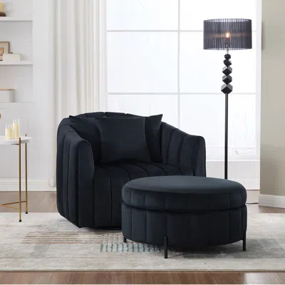 Streamdale Furniture Streamdale Swivel Velvet Barrel Chair & Ottoman With Pillows - Black