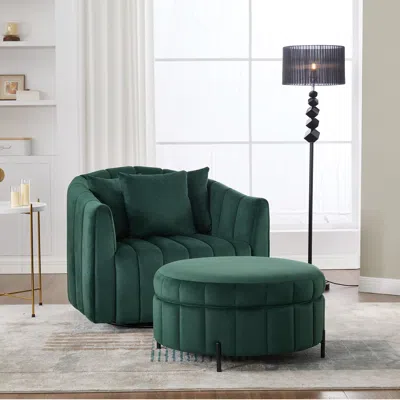 Streamdale Furniture Streamdale Swivel Velvet Barrel Chair & Ottoman With Pillows - Green