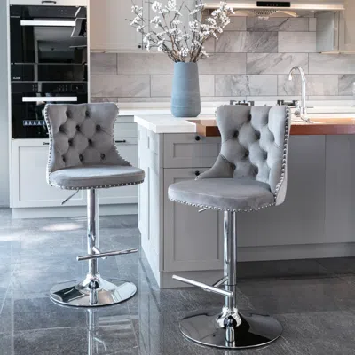 Streamdale Furniture Streamdale Swivel Velvet Barstools, Adjustable Height, Chrome Base, Set Of 2, Gray
