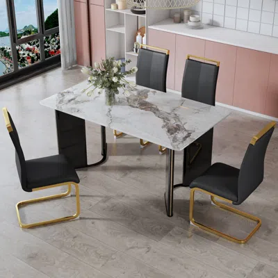 Streamdale Furniture Streamdale Table & 4 Black Pu Chairs With Gold Legs