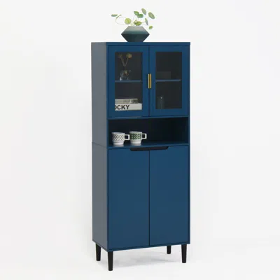 Streamdale Furniture Streamdale Tall Storage Cabinet With Glass Display & Doors, Modern Blue Cabinet