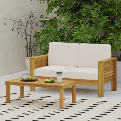 Streamdale Furniture Streamdale Teak Acacia Wood Loveseat And Coffee Table Set With Cream Cushions