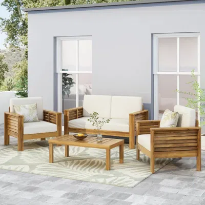 Streamdale Furniture Streamdale Teak Acacia Wood Loveseat And Coffee Table Set With Cream Cushions