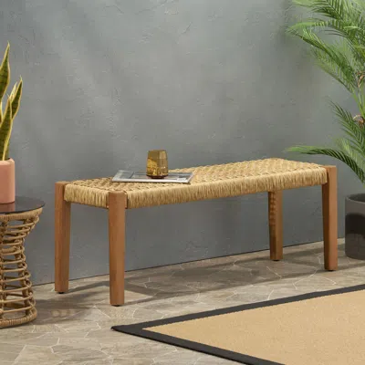 Streamdale Furniture Streamdale Teak Brown Acacia & Faux Rattan Backless Garden Bench