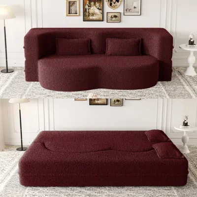 Streamdale Furniture Streamdale Teddy Fabric Convertible Sleeper Sofa Bed With 2 Pillows - Burgundy