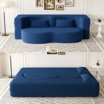 Streamdale Furniture Streamdale Teddy Fabric Foam Sleeper Sofa Bed With 2 Pillows - Blue