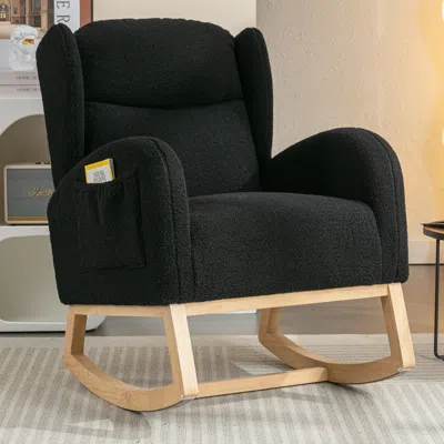 Streamdale Furniture Streamdale Teddy Fabric Rocking Chair With Packet Wood Legs In Black