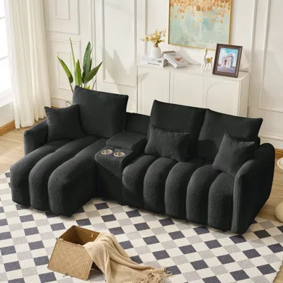 Streamdale Furniture Streamdale Teddy Fabric Sectional Sofa With Console, Usb & Cup Holder - Black