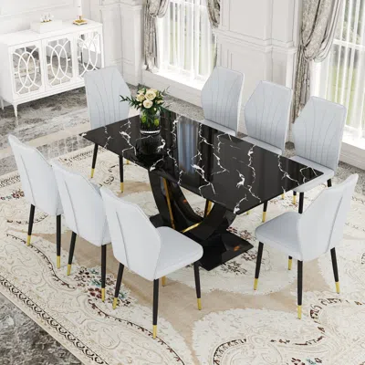 Streamdale Furniture Streamdale Tempered Glass Dining Set (71"x35.4") With 8 Pu Chairs