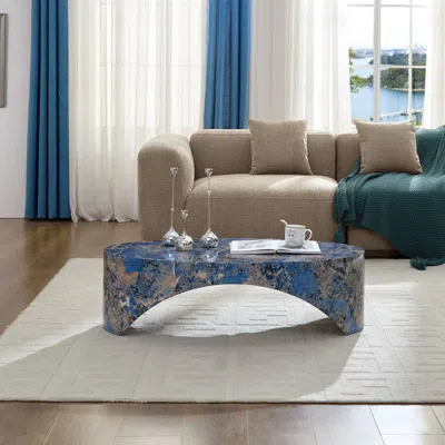 Streamdale Furniture Streamdale The Oval Natural Marble Coffee Table Side Table In The Living Room, Blue