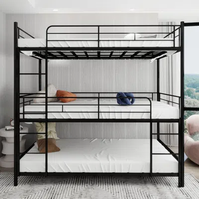 Streamdale Furniture Streamdale Triple Frame Bed W/ Ladder & Railing - Floor Safe, Easy Assembly, Black