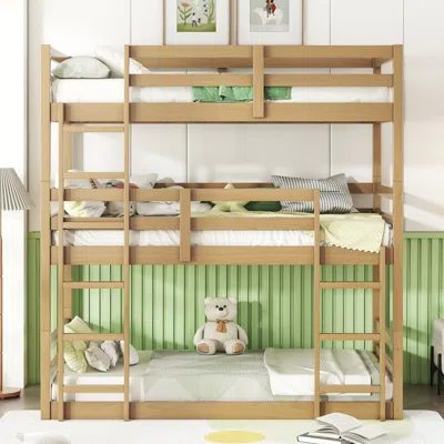 Streamdale Furniture Streamdale Triple Twin Oak Bunk Bed With Guardrails And Ladders
