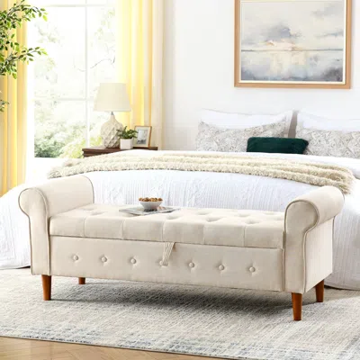 Streamdale Furniture Streamdale Tufted Button Storage Bench With Rolled Arm Design In Neutral
