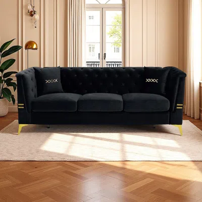 Streamdale Furniture Streamdale Tufted Velvet Sofa, 82" Mid-century Couch, Gold Legs, Black
