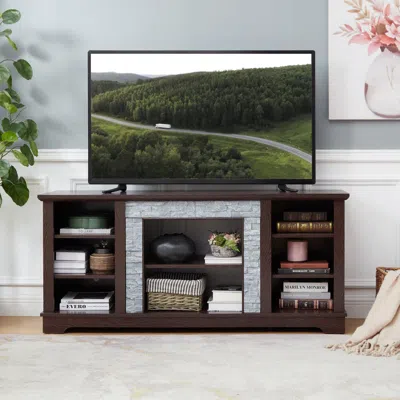 Streamdale Furniture Streamdale Tv Media Stand With Faux Stacked Stone Surround, Cherry, 58.31"w