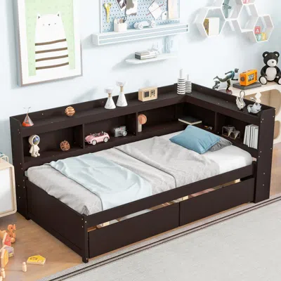 Streamdale Furniture Streamdale Twin Bed With L-shaped Bookcases,drawers,espresso-2