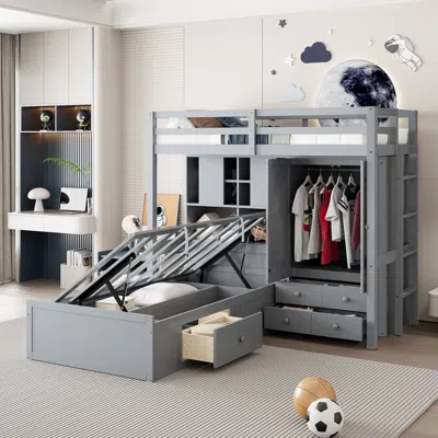 Streamdale Furniture Streamdale Twin Bunk Bed With Drawers, Wardrobe, Storage Shelves And Hydraulic Bed,gray