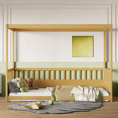 Streamdale Furniture Streamdale Twin Canopy Bed Frame With Guardrails - Natural Wood