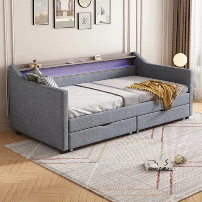 Streamdale Furniture Streamdale Twin Daybed With Storage, Shelves & Usb Ports, Linen Upholstered Sofa With Led Light
