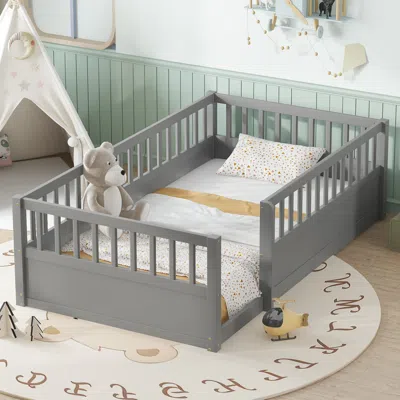 Streamdale Furniture Streamdale Twin Floor Bed Frame With Fence, Gray