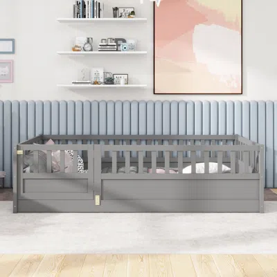 Streamdale Furniture Streamdale Twin Floor Bed With Barrier And Door, Montessori Wooden Frame In Grey
