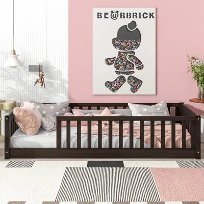 Streamdale Furniture Streamdale Twin Floor Bed With Fence, Espresso In Multi