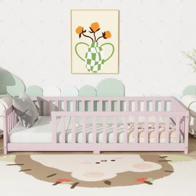 Streamdale Furniture Streamdale Twin Floor Bed With Fence, Rubber Wood, Pink