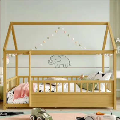 Streamdale Furniture Streamdale Twin Floor Bed With House Roof & Fence - Natural In Neutral