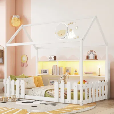 Streamdale Furniture Streamdale Twin House Bed With Led, Bookshelf, Guardrails - White