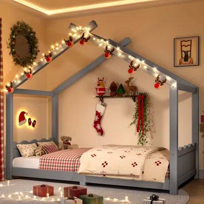 Streamdale Furniture Streamdale Twin House Floor Bed With Slats, Solid Wood House Bed Frame For Kids, Gray