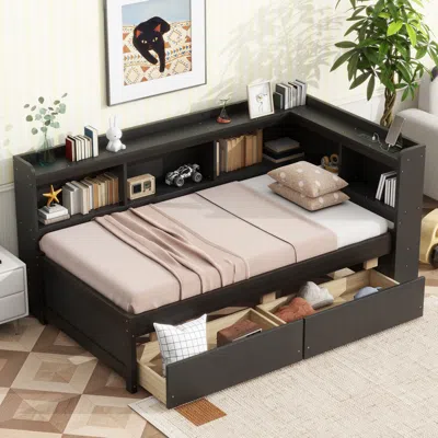 Streamdale Furniture Streamdale Twin L-shaped Bookcase Bed W/ Outlets & Drawers - Espresso
